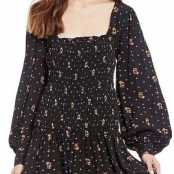 Free People Dresses & Skirts - Free People Smock You Very Much Mini Dress Ling Sleeve Black Dixie Floral NWT
